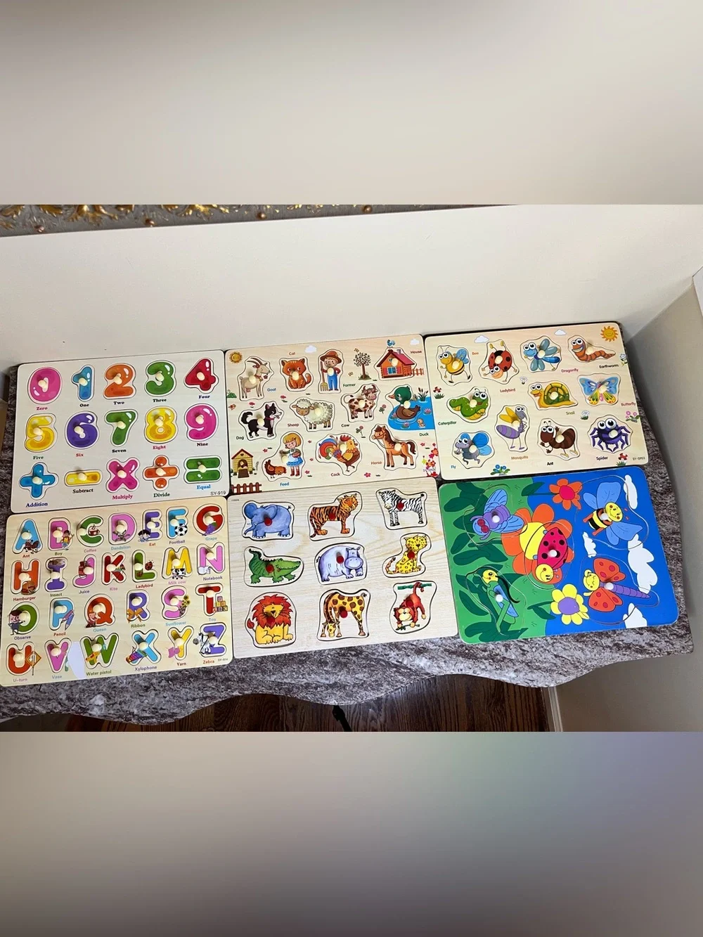 6 Children’s peg puzzles of Bugs, Farm Animals, Zoo Animals, ABC’s & Number’s